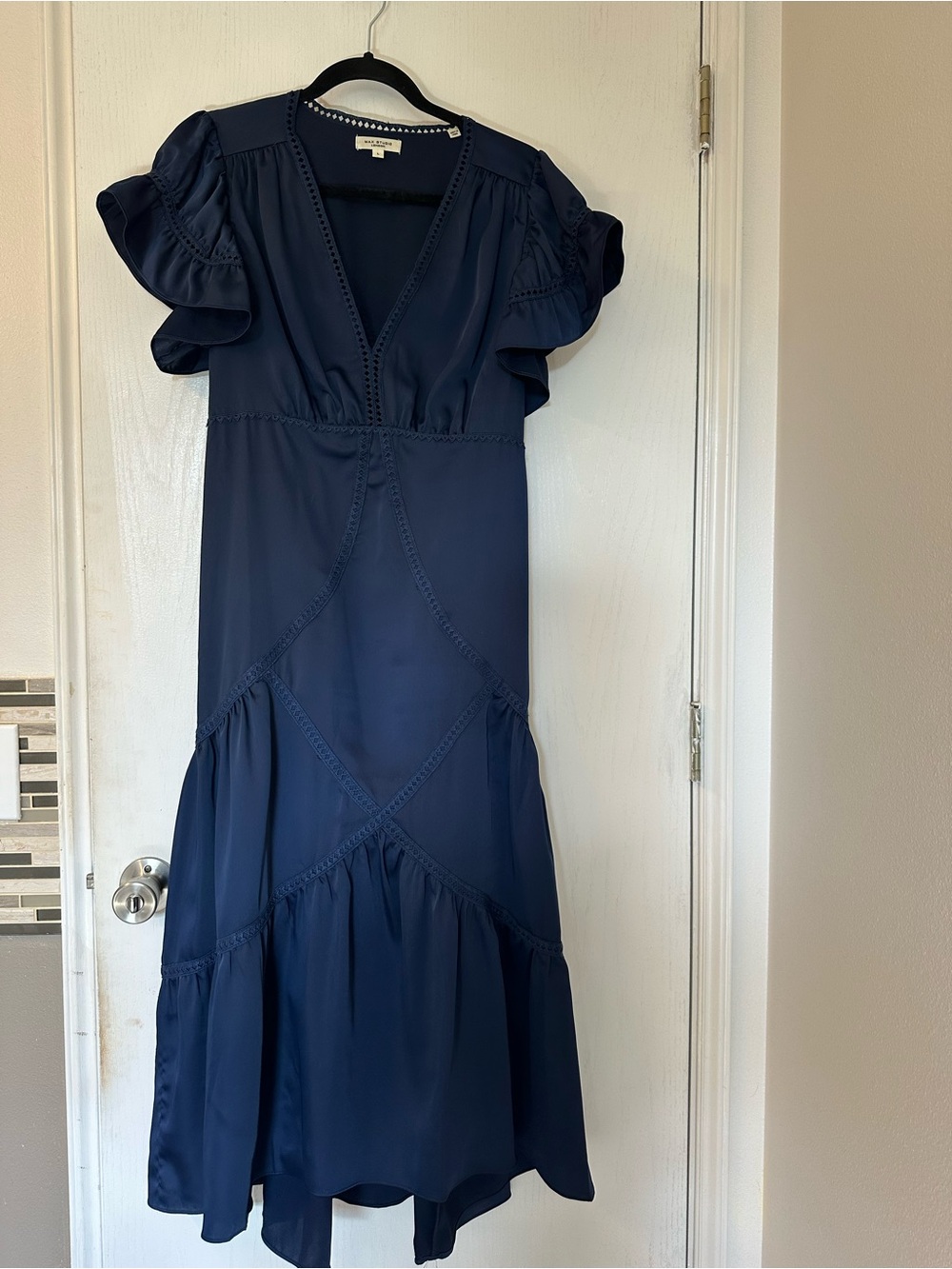 Max Studio Navy Blue V-Neck Maxi Dress with Ruffle Sleeves